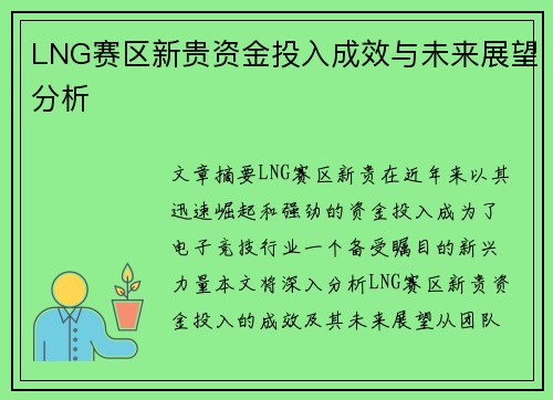 LNG赛区新贵资金投入成效与未来展望分析