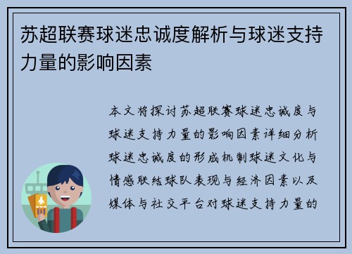 苏超联赛球迷忠诚度解析与球迷支持力量的影响因素